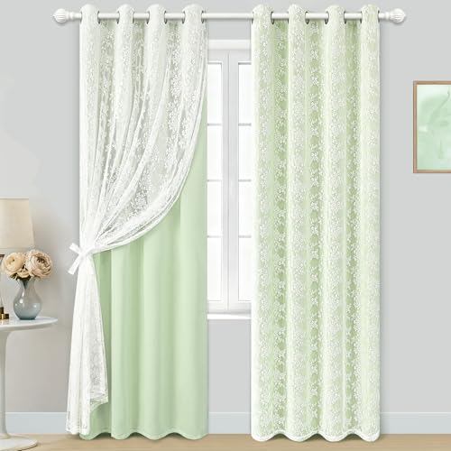 Image of Yinhua Green Curtains for Living Room Blackout Curtains for Bedroom 84 Inches Long Double Layer Curtain with Tiebacks, Thermal Insulation Grommet Drapes for Nursery Dining Room, 52 inch W x 84 inch L