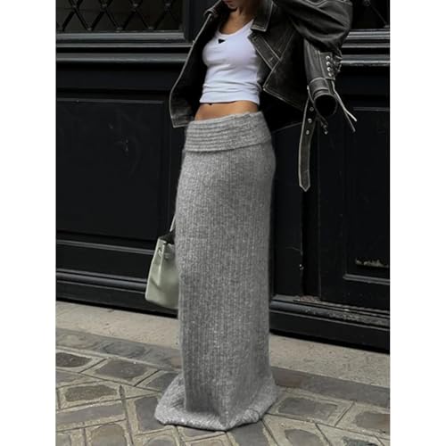 Knit Skirt High Waist Ribbed Stretchy Fold Over Slim Fit Fall Streetwear Casual Elegant Maxi Skirt4