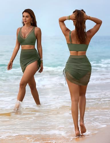 Image of Blooming Jelly Womens Swim Skirt High Waisted Bikini Sets Tummy Control Swimsuits Mesh Sarong Wraps Bathing Suits