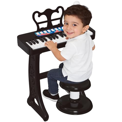Piano Toy for Kids 37 Keys Piano Keyboard Toy with Stool and Microphone Black Electronic Musical Instrument Birthday Gift for Kids 3 4 5 6 7 8 Years Old Boys and Girls