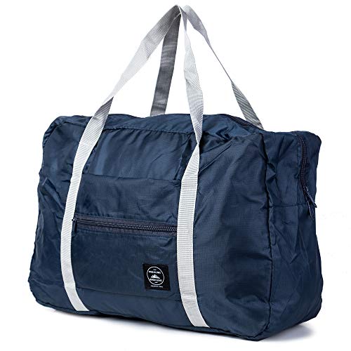Durable Compact Large Dark Blue Foldable Collapsible Travel Duffel Bag Women Men Waterproof Lightweight Luggage Cheer Dance Gym Vacation Reusable Student Sports Bag
