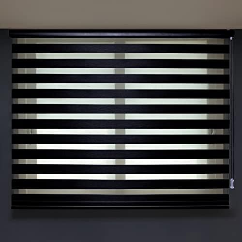YUYEON Nyunu [ Black, W24 x H64 ], Custom Cut Zebra Roller Windows Blinds, Woodlook Fabric, Dual Layer Sheer, Horizontal Window Shades for Privacy and Light Filtering