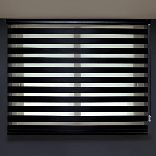 Yuyeon Nyunu [ Black, W24 X H64 ], Custom Cut Zebra Roller Windows Blinds, Woodlook Fabric, Dual Layer Sheer, Horizontal Window Shades For Privacy And Light Filtering #TOP14