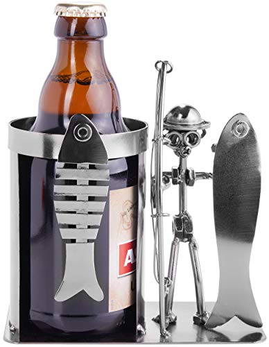 BRUBAKER Nuts and Bolts Sculpture Angler with Fish - Bottle and Can Holder - Handmade Iron Figure Metal Man Beer Bottle Holder - Metal Figure Gift Idea for Anglers