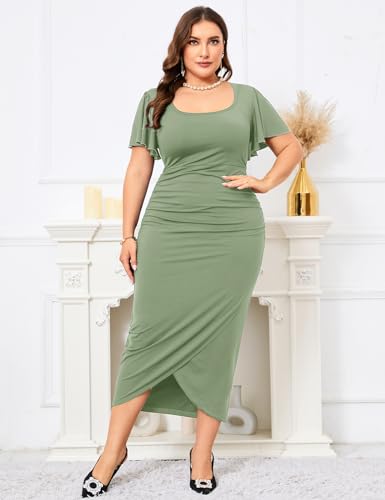 Image of ZOMVA 2024 Plus Size Cocktail Dress Comfortable Bell Sleeves Wedding Guest Square Neck Semi Formal