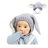 [VNGOLERRY] ベビー帽子 ニット帽 男の子 女の子 ボンネット モコモコ 暖かい 防寒 ナチュラル うさぎ うさ耳 可愛い 長耳 子供 秋冬 ふわふわ あご紐 月齢フォト 年賀状 (グレー)