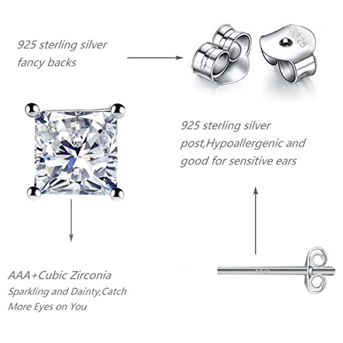 925 Sterling Silver Stud Earrings, 4 Pairs Square Cubic Zirconia Stud Earrings Set for Women Men 3 4 5 6mm2