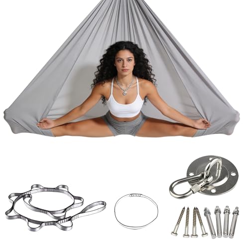 Juego de Hamaca para Yoga Aéreo, Columpio de Vuelo Aéreo, Hamaca Colgante para Yoga, Capacidad de Carga 200 kg, Incluye Correa de Extensión, Mosquetones, Accesorios (Gris, 150x280cm)