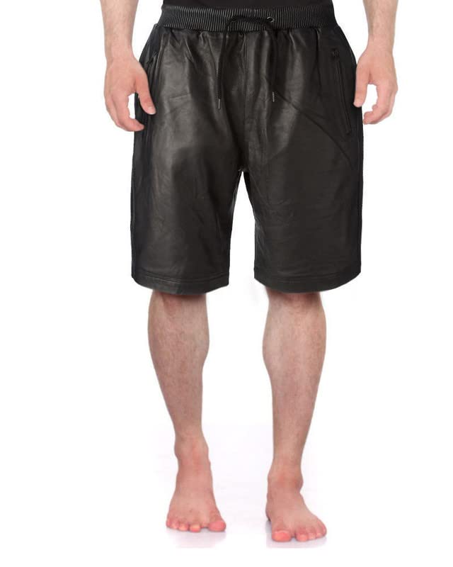 Leather Trend Mens Lambskin Leather Black Color Sports Gym Workout Running Shorts LTMS13