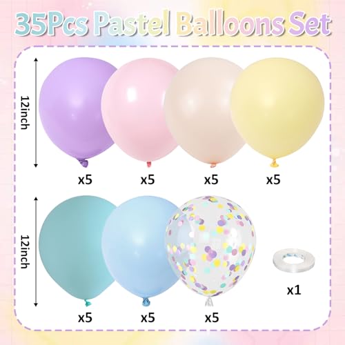 Image of Pastel Balloons, 12 Inch Rainbow Macaron Pink Blue Teal Yellow Purple Apricot Assorted Balloon whit Colorful Confetti Clear Balloon for Easter Birthday Bridal Baby Shower Wedding Tea Ice Cream Party