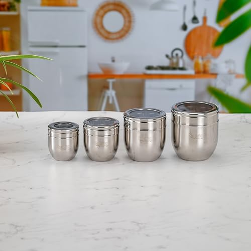 Image of Sumeet Stainless Steel Conical Shape Canisters /Dabba /Storage Containers for Kitchen with See Through Lid, Set of 4 Pcs (150ml-6cm Dia-1Pc, 250ml-7cm Dia-1Pc, 400ml-8.5cm 1Pc, 500ml-9cm 1Pc)- Silver