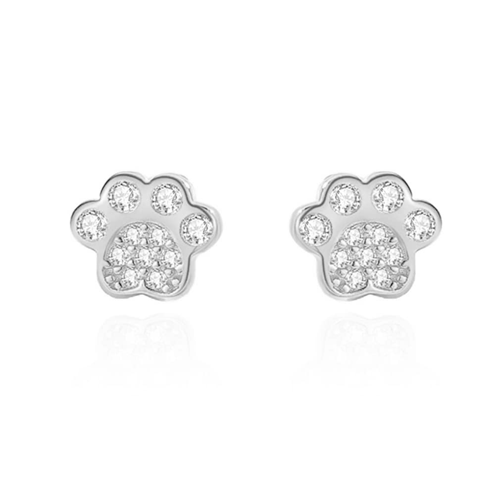 OIDIMSTiny Paw Earrings Lovely Statement for Women Girls S925 Sterling Silver Cubic Zirconia Mini Stud Tragus Post Pin Cute Paw Kitten Cat Puppy Dog Print Earrings Hypoallergenic Jewelry Gift for Pet Lover