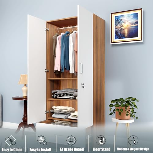 Image of VIKI Wardrobe |Wooden Almirah for 2 Door Wardrobe with 1 Drawer & Hanging Space (Walnut |White - 40D x 80W x 180.8H) | 1 Year Warranty | Free Assembly