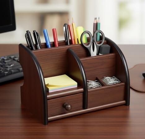 Image of Wooden Barrel Desk Organiser, Brown Polished Wood, Vintage Design, Freestanding Pen Holder with Compartments, 8x8x9 cm