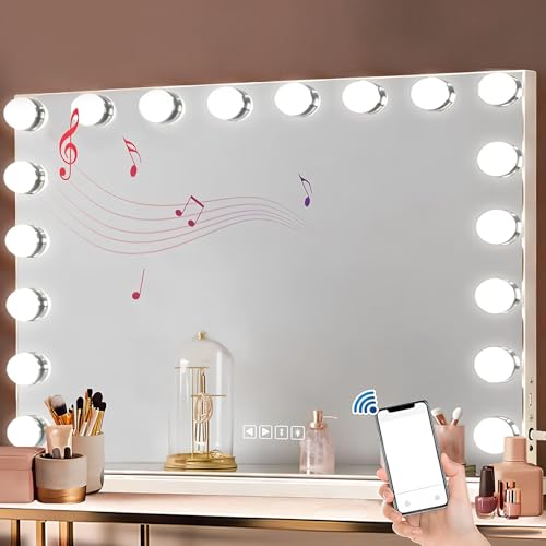 SANTAWOOD Vanity Mirror with Lights and Bluetooth Speaker, 31.5''x22.8'' Hollywood Makeup Mirror with 18 Dimmable LED Bulbs, 3 Color Modes, USB Charging Port, Detachable 10X Magnification