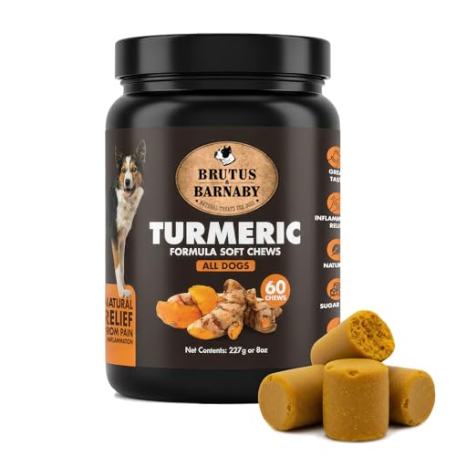 BRUTUS & BARNABY Turmeric for Dogs Anti Inflammatory Pain Relief - Curcumin for Dogs Chews with Collagen & Bioprene - Turmeric Supplement for Dogs Hips, Joint & Mobility Support (60 Count)