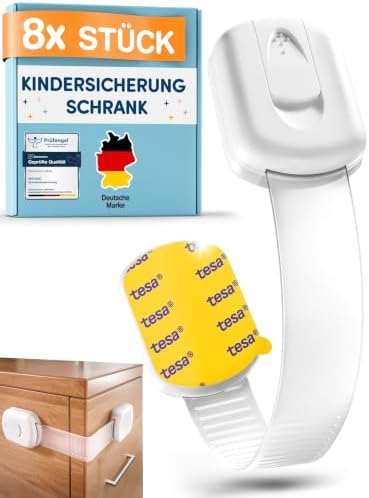 MUTKIND 8 Stück Kindersicherung Schrank - (Mit Kleber von TESA) Schranksicherung Baby - Längenverstellbar - Schubladensicherung Baby für Schränke, Kühlschrank, Tür - Kindersicherun
