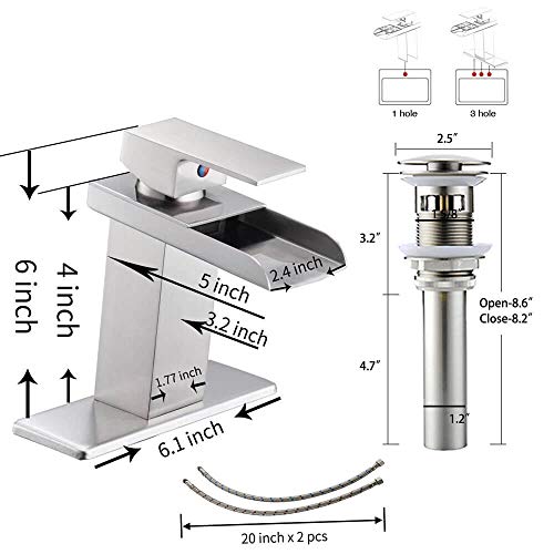 Homevacious Bathroom Faucet Brushed Nickel Waterfall Sink With Pop Up Drain Single Hole Vanity Satin Sink Lavatory One Handle Basin Mixer Tap With Overflow Supply Line