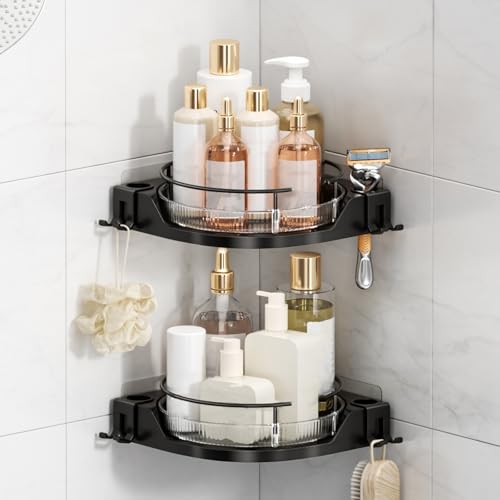 Oifecsie 360 Rotating Corner Shower Caddy (2-Pack) - Lazy Susan Bathroom Organizer with Hooks No-Drill Adhesive Mount for Shower Kitchen RV Space-Saving ABS Plastic Shower Shelf