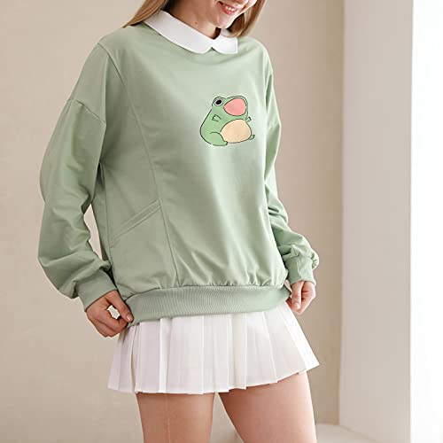 Kiekiecoo Cute Aesthetic Frog Sweatshirt For Teen Girls Kawaii Cartoon Graphic Hoodie Womens Preppy Cotton Pullover Sweaters(Green,Large) #TOP2