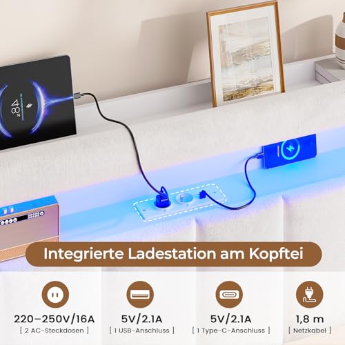AOGLLATI Polsterbett 140x200 mit Stauraum,Hydraulisches Bett mit LED-Bleuchtung und Ladestation Jugendbett Doppelbett Bettgestell mit Kopfteil aus Samt-Ohne Matratze (Beige Samt, 140x200cm)