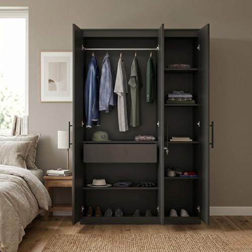 Image of FFO Metrix 3 Door Wardrobe for Bedroom | Black Wooden Almirah with Hanging Rod, Shelves & Lock | Spacious Clothes Storage Cabinet for Home, Bedroom, Hostel & Office | Modern Engineered Wardrobe DIY.