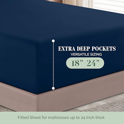 Elegant Comfort Luxury 1500 Premium Hotel Quality Microfiber 4-Piece Sheet Set - Soft, All Around Elastic 18-24 Inches Deep Fitted Sheet - Extra Deep Pocket Sheets, Twin/Twin XL, Navy Blue