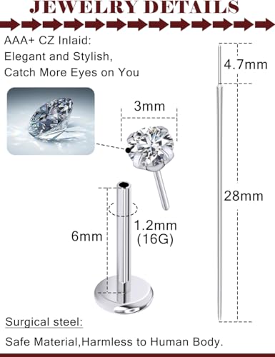 Prjndjw Threadless Nose Rings Stud 20G 18G 16G Flat Back Nose Stud Surgical Steel Push In Nose Rings Opal Heart CZ Hypoallergenic Nose Piercing Lip Medusa Tragus Studs Earrings Piercing Taper3