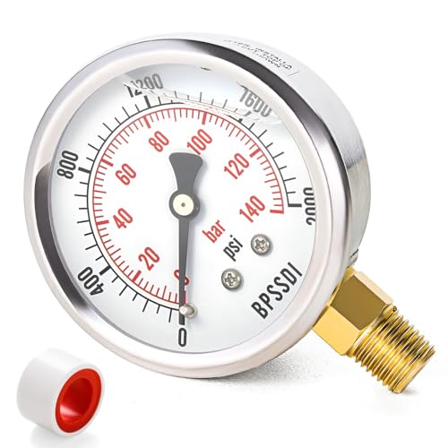 BPSSDI 0-2000 Psi Glycerin Liquid Filled Hydraulic High Pressure Gauge, 2.5 Dial Size, 1-4 NPT Lower Mount, 304 Stainless Steel Case, for Water Oil Air Gas Pressure Test