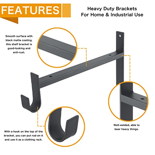 Ezydecor Shelf Bracket With Hook Black Closet Rod Support Bracket 6 Pack Wall Mounted Heavy Duty Shelf Brackets (10 Inch) #TOP3