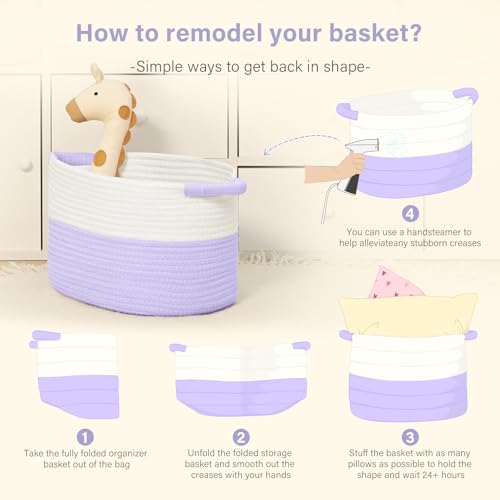 Image of Patvingot 13 inchx10 inchx9 inch Cotton Rope Storage Basket, Woven Baskets with Handles for Organizing Home Office, Shelves, Nursery, Laundry, and Toys,Empty Gift Basket-3 Pack,White /Purple