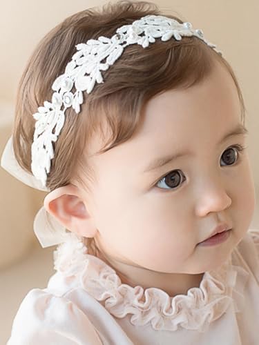 Baby Girls Hairband White Bow Lace Headbands Handmade Soft Stretchy Wide Head Band Newborn Hairbands with Bows Pearls Elastic Headband for Infant Hair Accessories(White Flowers