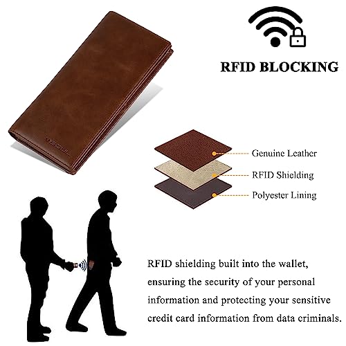 Image of VISOUL Leather Checkbook Cover Wallet for Men with RFID Blocking, Mens Long Bifold Cash Tall Wallet with 11 Credit Card Slots 1 ID Window (Brown)