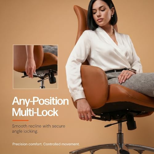 Image of DROGO Calista Ergonomic Office Chair for Work & Home with Premium Vegan Leather | Executive Boss Chair with 5 Cm Seat Depth Adjustment | 3-Point Tilt Recline Lock | Heavy Duty Metal Base (Tan)