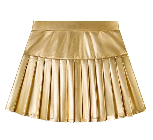 Miipat Mädchen Metallischer Rock Elastischer Hohe Taille Faltenrock mit Taschen Innenhose Plissierter Kinder Minirock für Party Tanz Tennis Skater(Gold,5-6Jahre)