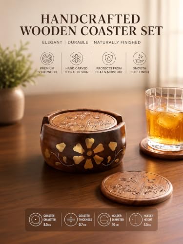 Image of Premium Wooden Coasters for Drinks Set of 6 - Solid Wood Coasters with Holder | Round Table Coasters for Coffee Table, Bar, Kitchen & Office | Perfect Housewarming & Gift