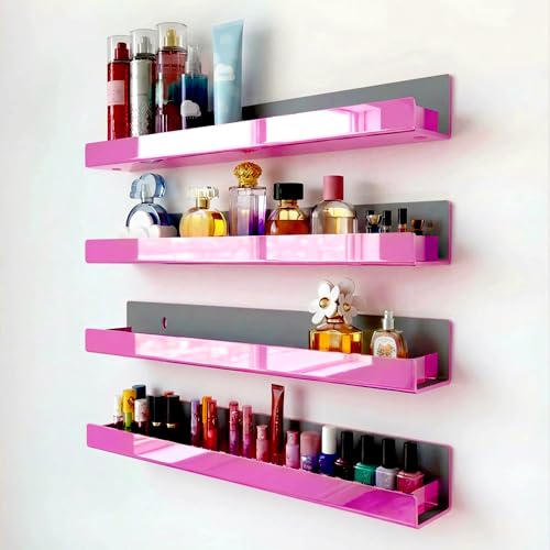 Image of 4 Pack 15 Inch Pink Reflective Acrylic Floating Wall Shelves