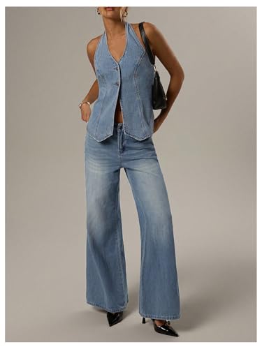 SweatyRocks Women's Denim Top Halter Neck Backless Jean Vest Tops Button Up Waistcoat4
