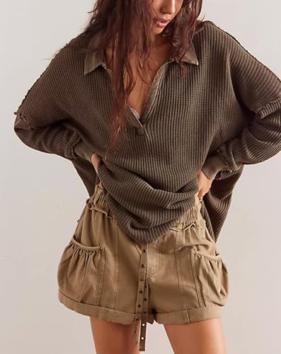 LifeShe Women's V Neck Batwing Long Sleeve Sweaters Lapel Collared Oversized Waffle Knit Side Slit Pullover Tops3