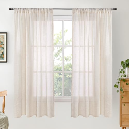Image of BGment Oatmeal Linen Curtains 63 Inches Long for Bedroom Windows, Sheer Drapes Lightweight Rustic Country Textured for Farmhouse Living Room Decor Rod Pocket, 2 Panels Set, Each 42 Inch Wide