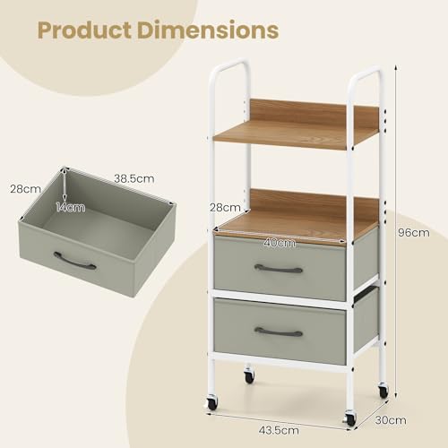 FANTASK Schubladenwagen Rollcontainer 3-stufig, Rollwagen mit 2 Stoffschubladen, Ablage & 4 Rollen, Metallrahmen für Zuhause & Büro, 30 x 43,5 x 96 cm