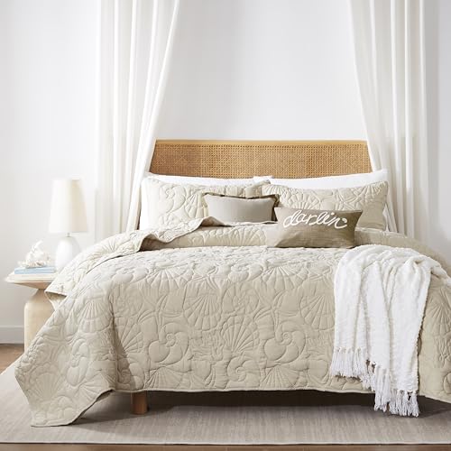 WDCOZY Coastal Beach Beige Queen Size Quilt Bedding Sets Nautical Tropical Ocean Bedspread Scallop Seashell Soft Coverlet Lightweight Summer Thin Comforter for All Season
