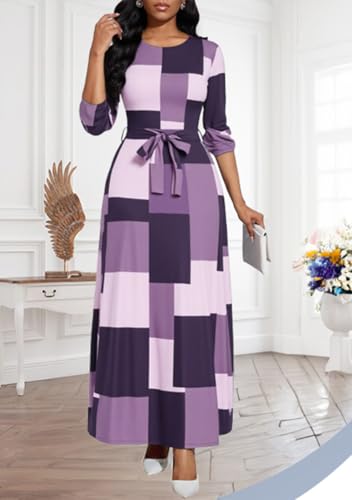 Image of BubFee Long Dress for Women Casual Long Sleeve Dresses Maxi Dress Empire Waist Loose with Belt