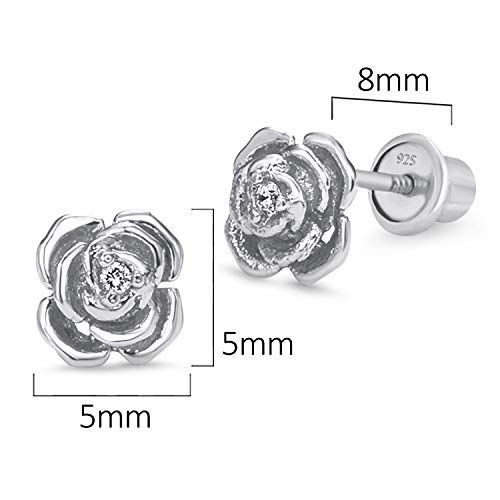925 Sterling Silver Rhodium Plated Rose Cubic Zirconia Screwback Baby Girls Earrings2