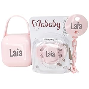Mababyshop, Chupete Personalizado, Pinza y Portachupete, con el Nombre del Bebé. Regalo Original para Recien Nacido (Rosa)