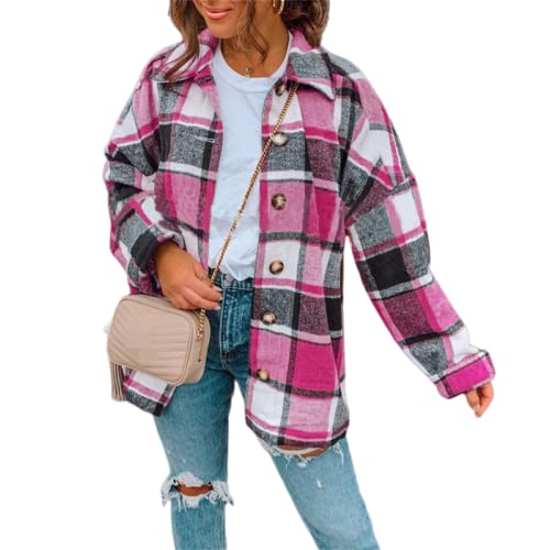 Womens Plaid Shacket Jacket Button Down Long Sleeve Plaid Shacket Casual Rolled Up Boyfriend Blouses Tops Winter Coats