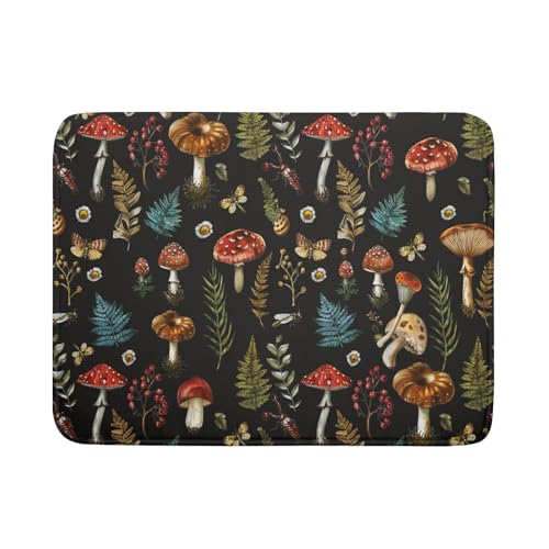 Natural Botanical Dish Drying Mat Mushroom Fern Leaves Berry Drainer Mat Black Drying Pad for Countertop 18 X 24 Inch
