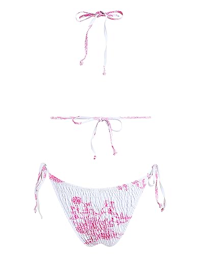 Image of Women's Triangle Bikini Set String Swimsuit Print Tie Smocked Ruched Two Piece Bathing Suit