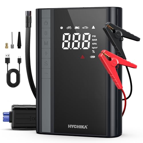 HYCHIKA Avviatore Batteria Auto 1500A - Avviatore Emergenza con Compressore,Booster Avviamento Auto/Moto Portatile (Fino a Tutti i Benzina e 4L Diesel),Doppia USB,600 Lumen LED