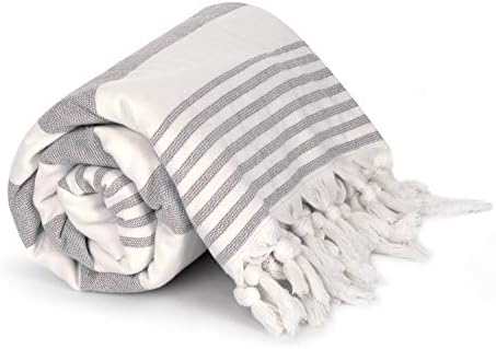 Cottonna 100% Luxury Turkish Cotton Oversized Beach Blanket, 80" by 80", Peshtemal Front with Terry Loop Back, Fouta Blanket, Throw, Peshterry Beach Towel Queen Size (White-Gray)